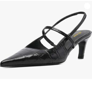 Women's Slingback Pointy Toe Pump Crocodile Print Elastic Strap ,Low Heel Black